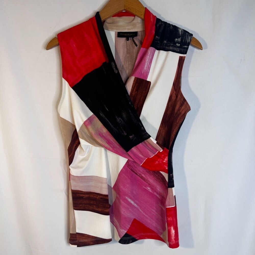 Donna Karan New York Abstract Sleeveless Vneck Faux Wrap Tank Blouse Size XS